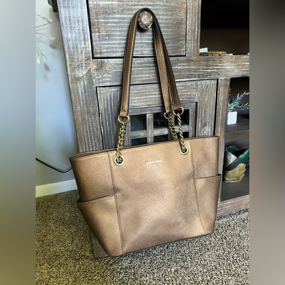 Calvin Klein Saffiano Chain Leather Tote Purse